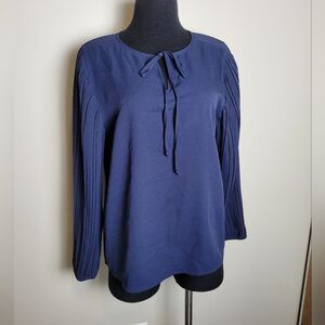 Navy Blue Pleated Sleeve Blouse Office Corporate Formal Church Modest Medium